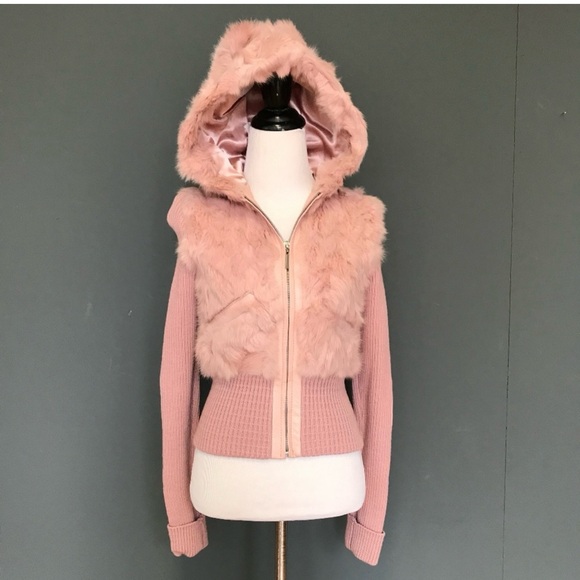 Guess Pink Rabbit Fur & Leather Bomber Jacket Medium - Picture 1 of 12